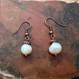New Rustic Boho White Baroque Pearl & Copper Earrings